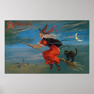 Witch Flying with Black Cat on Halloween Night  Poster