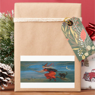 Witch Flying with Black Cat on Halloween Night  Rectangular Sticker