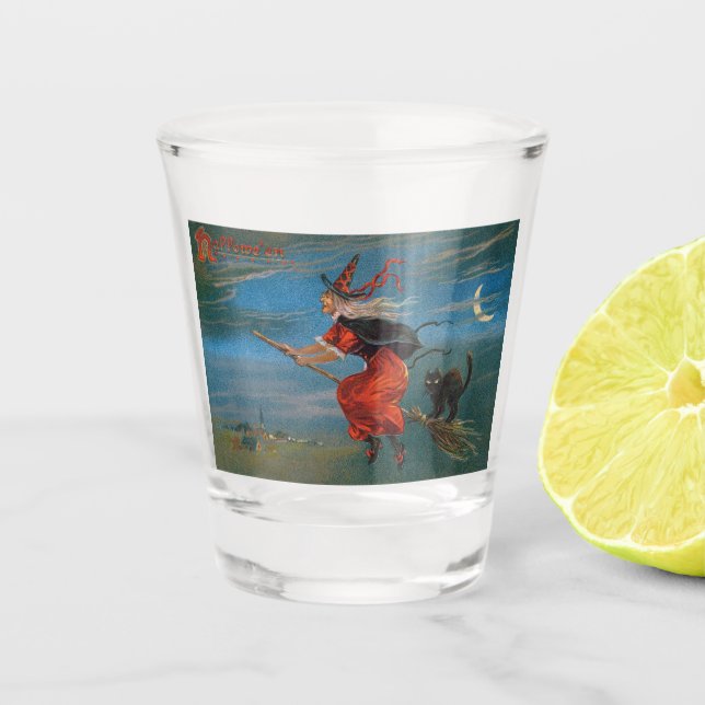 Witch Flying with Black Cat on Halloween Night  Shot Glass (Front)