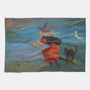 Witch Flying with Black Cat on Halloween Night  Tea Towel