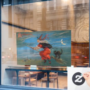 Witch Flying with Black Cat on Halloween Night Window Cling