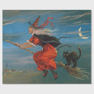 Witch Flying with Black Cat on Halloween Night  Wrapping Paper