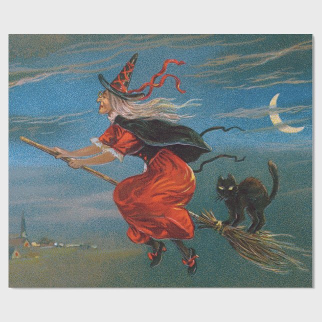 Witch Flying with Black Cat on Halloween Night  Wrapping Paper (Flat)