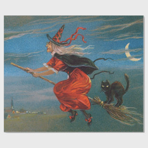 Witch Flying with Black Cat on Halloween Night Wrapping Paper