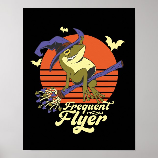 Witch Frog Frequent Flyer Riding Broom Halloween Poster (Front)
