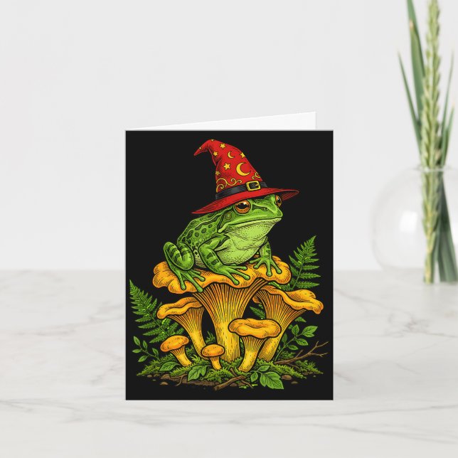 Witch frog sitting on mushrooms halloween magic card (Front)