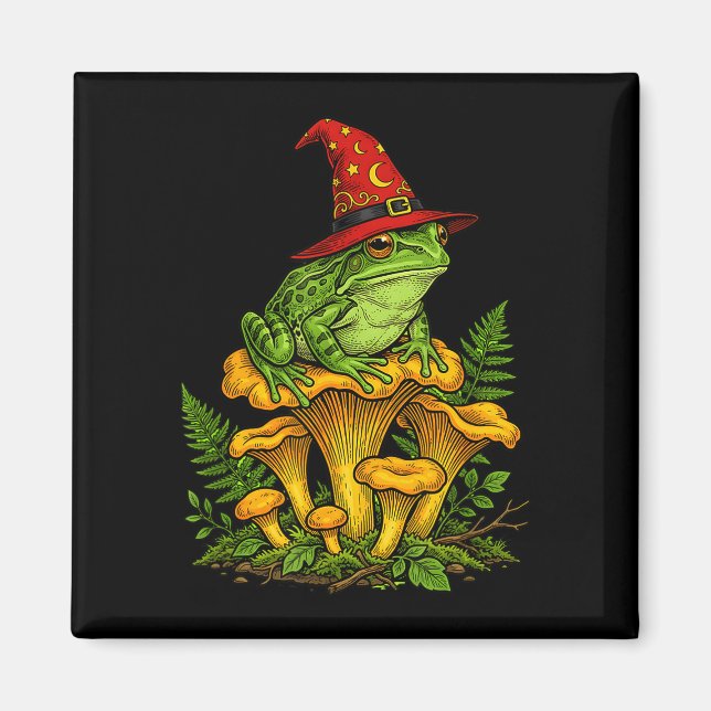 Witch frog sitting on mushrooms halloween magic magnet (Front)