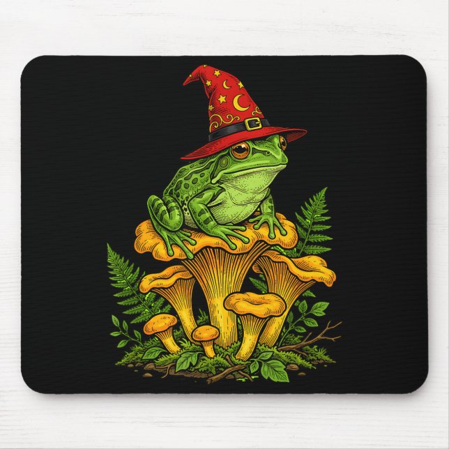 Witch frog sitting on mushrooms halloween magic mouse mat (Front)