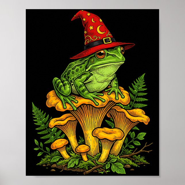 Witch frog sitting on mushrooms halloween magic poster (Front)