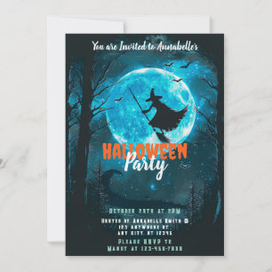 Witch Full Moon Bats Forest Halloween Party Invitation