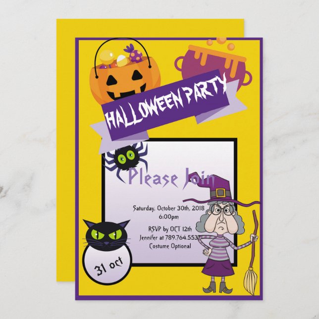 witch funny pumpkin cute cat Halloween  party Invitation (Front/Back)