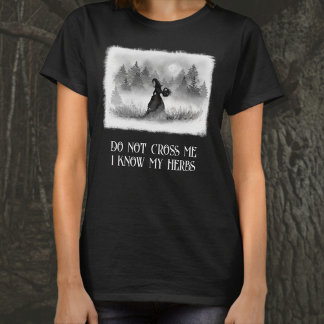 Witch Gathering Herbs at Full Moon Black and White T-Shirt
