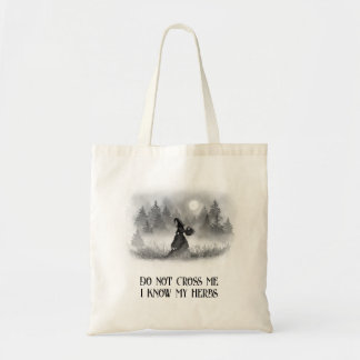 Witch Gathering Herbs at Full Moon Black and White Tote Bag