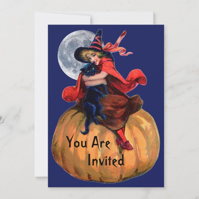 Witch Girl and Cat Halloween Invitation (Front)