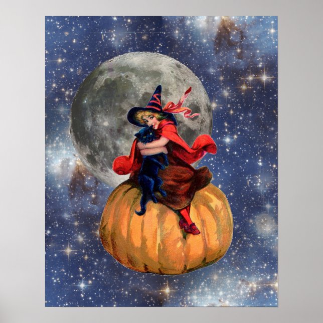 Witch Girl and Cat Moon Halloween Poster (Front)