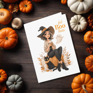 Witch Girl Coffee Cat & Pumpkin Cute Halloween Card