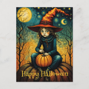 Witch Girl Sit On A Pumpkin Halloween Postcard