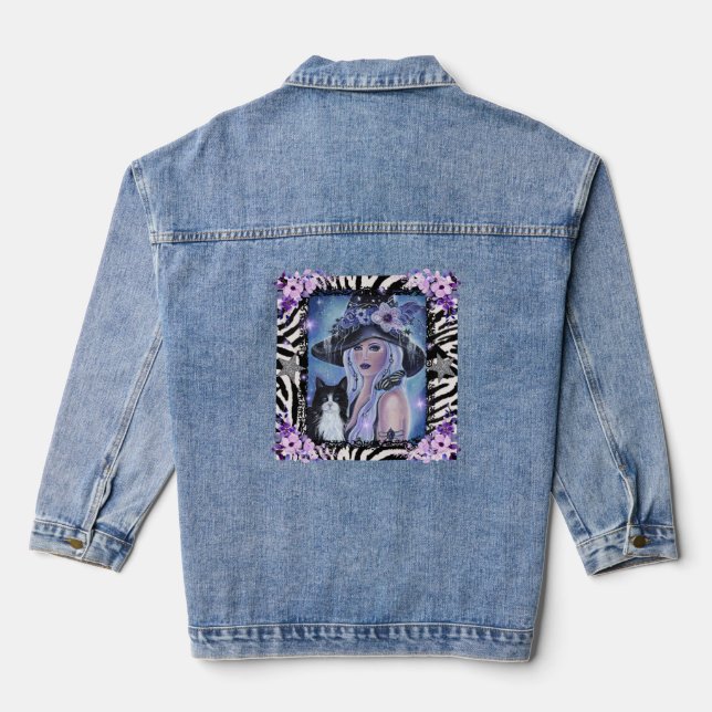 Witch goddess floral art with cat by Renee Denim Jacket (Back)