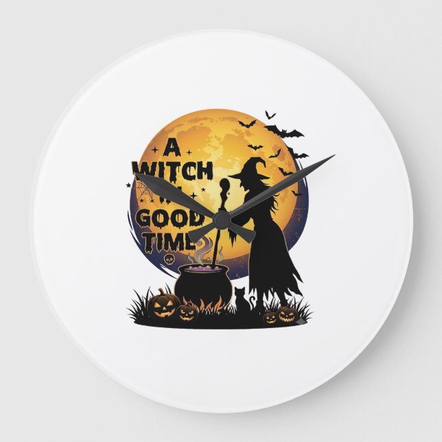 Witch Good Time Halloween Moon Cauldron_1 Large Clock (Front)