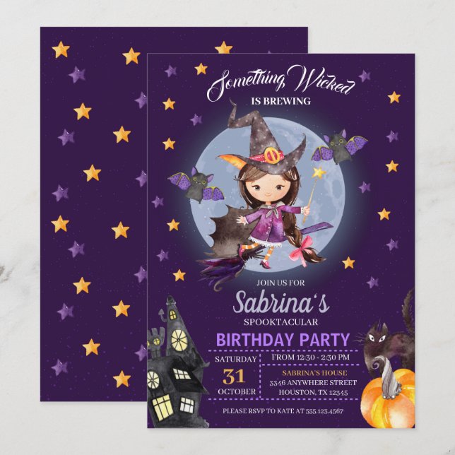 Witch Halloween Kids Birthday Party Invitation (Front/Back)