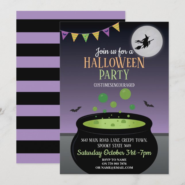 Witch Halloween Party Invite Wicked Cauldron (Front/Back)