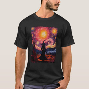 Witch Halloween Pink Breast Cancer Starry Night Va T-Shirt