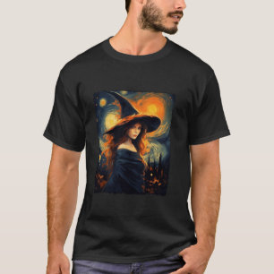 Witch Halloween Starry Night Van Gogh Aesthetic Pa T-Shirt