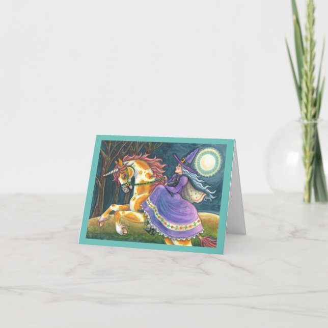 WITCH & HALLOWEEN UNICORN, BLACK CAT Fantasy Horse Holiday Card (Front)