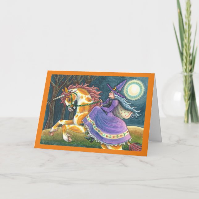 WITCH & HALLOWEEN UNICORN, BLACK CAT Fantasy Horse Holiday Card (Front)