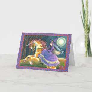 WITCH & HALLOWEEN UNICORN, BLACK CAT Fantasy Horse Holiday Card