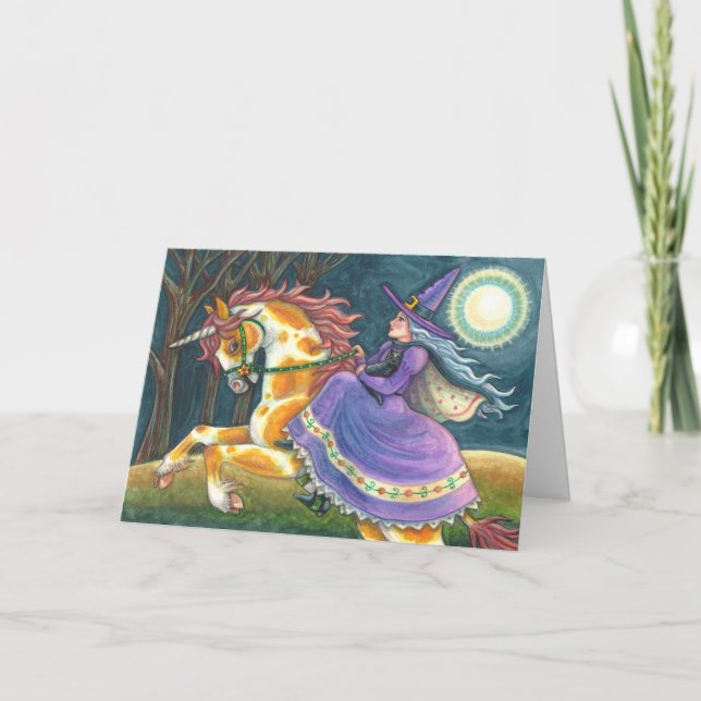 WITCH & HALLOWEEN UNICORN, BLACK CAT Fantasy Horse Holiday Card (Front)