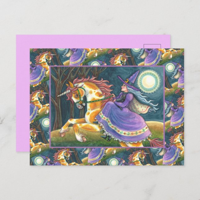 WITCH & HALLOWEEN UNICORN, BLACK CAT Fantasy Horse Holiday Postcard (Front/Back)