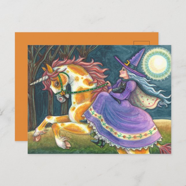 WITCH & HALLOWEEN UNICORN, BLACK CAT Fantasy Horse Holiday Postcard (Front/Back)