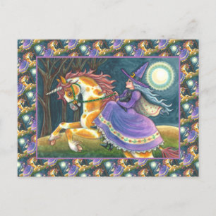 WITCH & HALLOWEEN UNICORN, BLACK CAT Fantasy Horse Holiday Postcard