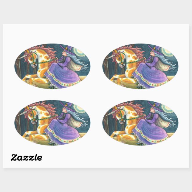 WITCH & HALLOWEEN UNICORN, BLACK CAT Fantasy Oval Sticker (Sheet)