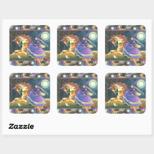 WITCH & HALLOWEEN UNICORN, BLACK CAT Fantasy Square Sticker
