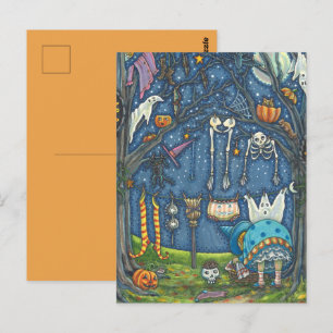 WITCH HANGING BLACK CAT, GHOST, SKELETON LAUNDRY POSTCARD