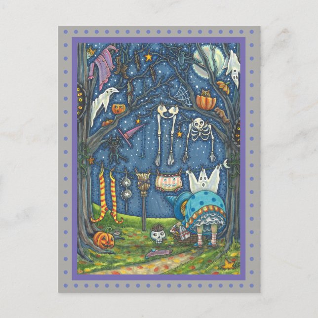 WITCH HANGING BLACK CAT, GHOST, SKELETON LAUNDRY POSTCARD (Front)