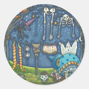 WITCH HANGING HER BLACK CAT, GHOST, SKELLY LAUNDRY CLASSIC ROUND STICKER