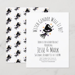 Witch Hat and Broom Halloween Fall Gender Reveal Invitation