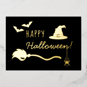 Witch Hat And Broom With Spider And Bats Halloween Foil Holiday Card