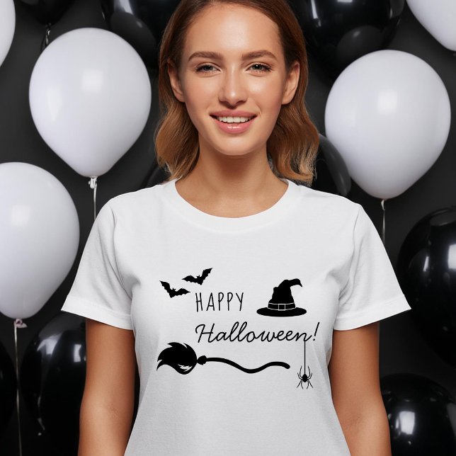 Witch Hat And Broom With Spider And Bats Halloween T-Shirt (Please note: This image is a digital mockup.)