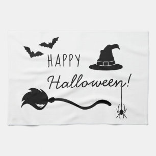 Witch Hat And Broom With Spider And Bats Halloween Tea Towel
