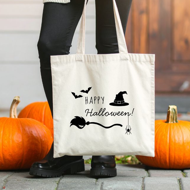Witch Hat And Broom With Spider And Bats Halloween Tote Bag (Disclaimer: This image is a digital mockup.)