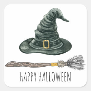 Witch Hat And Broomstick Halloween Party Square Sticker