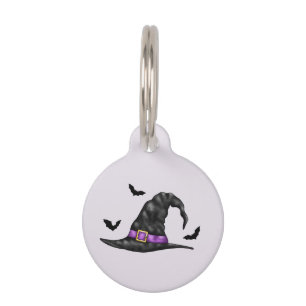 Witch Hat And Flying Bats Lilac Halloween Pet Tag
