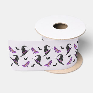 Witch Hat And Heels With Bats Lilac Halloween Satin Ribbon