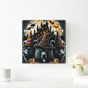 Witch hat bears under full moon square wall clock