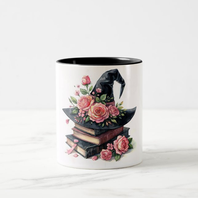 Witch Hat Bookstack With Pink Roses Two-Tone Coffee Mug (Center)