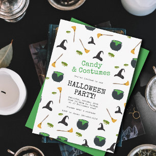 Witch Hat Broom Cauldron Green Halloween Party Invitation